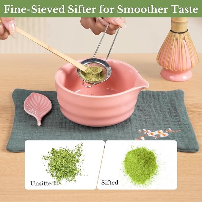 Liyarya Matcha Whisk Set, Traditional Matcha Kit Includes Matcha Bowl, Pink Whisk with Holder, Scoop, Scoop Rest, Sifter, and Tea Cloth – 7 Piece Matcha Whisk Set, Gift Set for Tea Enthusiasts