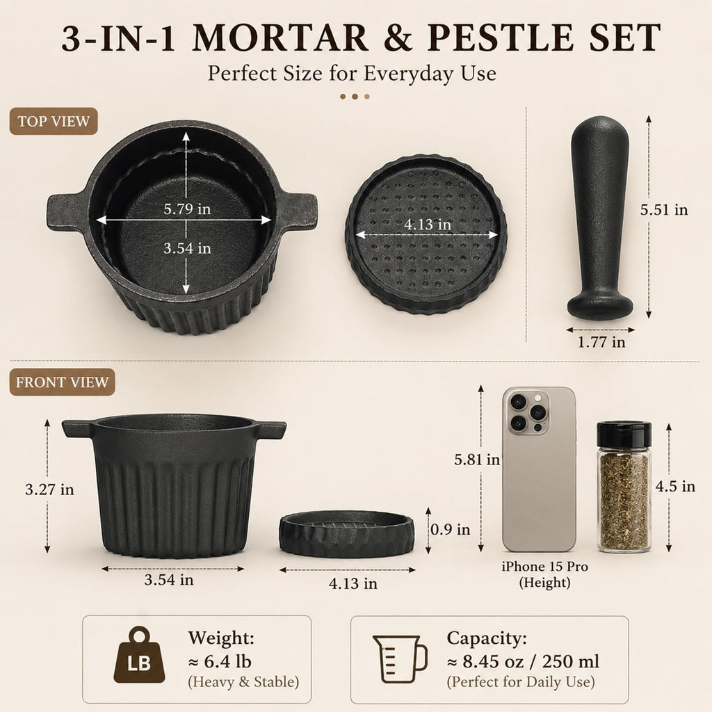 UKEMEN Cast Iron Mortar and Pestle Set, 3-Piece Small Garlic Grater Plate with Brush and Scoop, Heavy Duty Muddler and Bowl Grinder Set Perfect for Guacamole/Spices/Herbs/Solid/Metal/Glass/Rock
