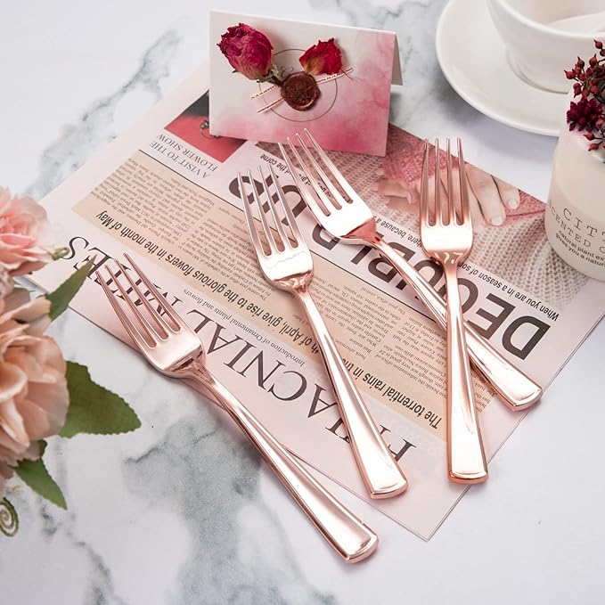 Liacere 200 Pack Rose Gold Forks Disposable - 7.4 inch Heavy Duty Plastic Forks - Heavyweight Plastic Fork - Rose Gold Silverware for Catering, Parties, Dinners, Wedding＆Mother's Day＆Valentine's Day
