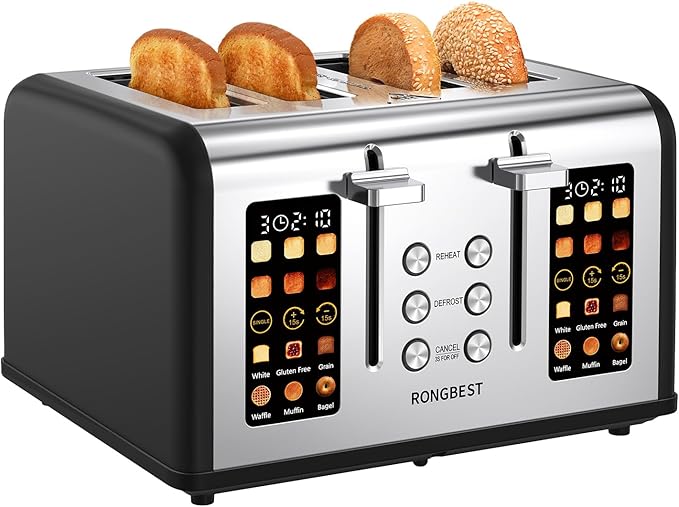 4 Slice Stainless Steel Toaster with 1.5" Wide Slots Digital Touchscreen, Even Toasting for Family Breakfast Bagel & Bread, Reheat & Defrost, Smart Touch Screen, Removable Crumb Tray, Matte Black