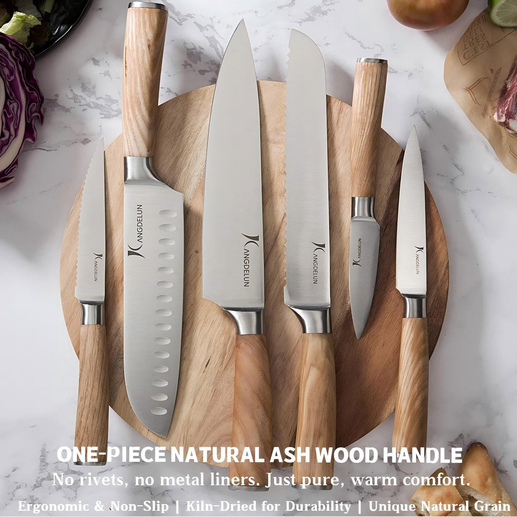 Kangdelun Ultra Sharp 14-Piece Kitchen Knife Set, High Carbon Stainless Steel Blades, Torrefied Natural Wood Handles, Ergonomic Design, Space-Saving White-Finished Wood Block, Easy Hand Wash, Gift Box