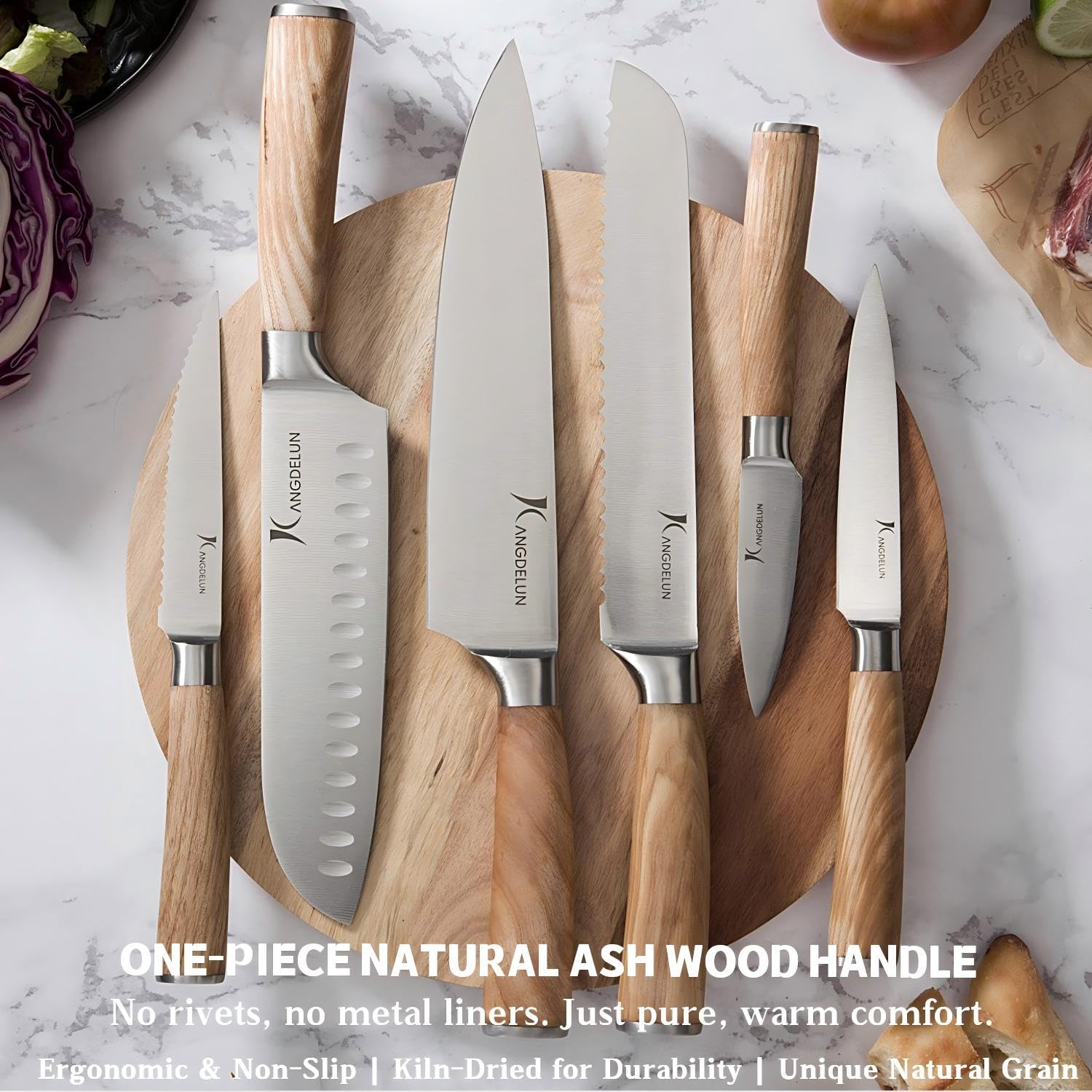 Kangdelun Ultra Sharp 15-Piece Kitchen Knife Set, High Carbon Stainless Steel Blades, Torrefied Natural Wood Handles, Ergonomic Design, Space-Saving Black-Finished Wood Block, Easy Hand Wash, Gift Box