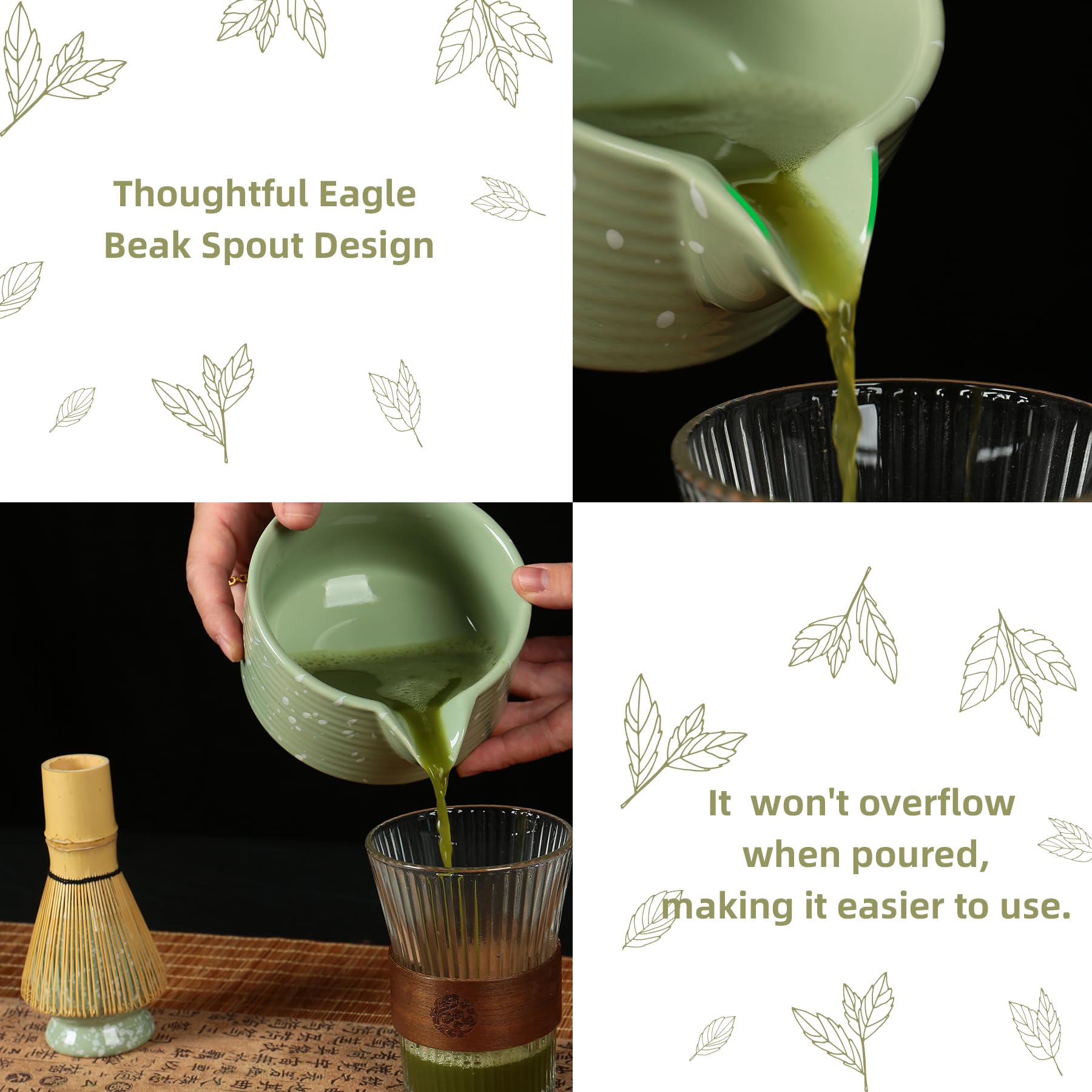 Matcha Whisk Set, Ceramic Matcha Set Includes Matcha Bowl with Spout, Whisk & Holder, Bamboo Scoop, Stainless Sifter, Towel, Matcha Kit Making Tools,Light Green,7 PCS