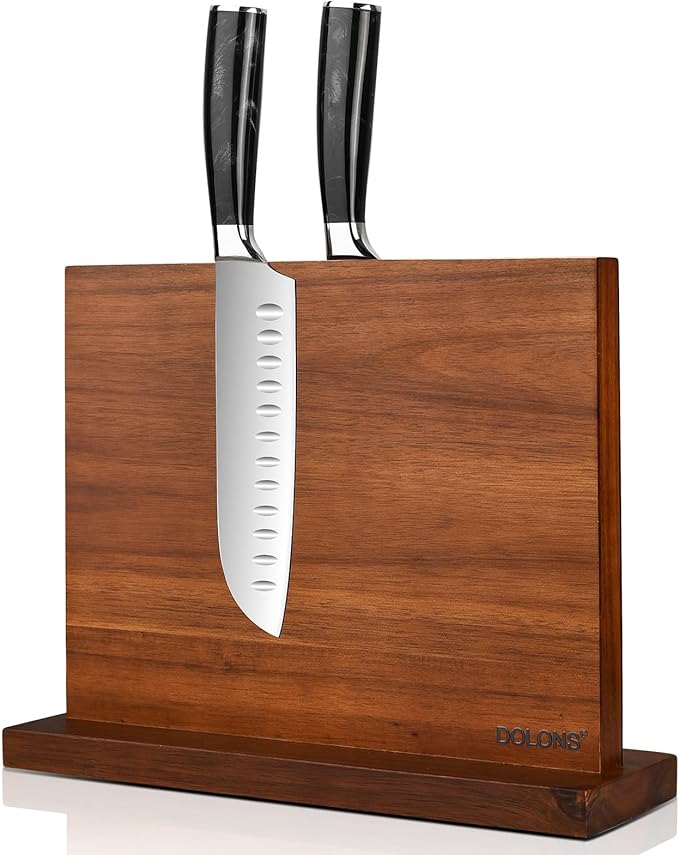 Magnetic Knife Block, Acacia Wood Kitchen Knife Holder, Multifunctional Double Side Knife Storage Organizer for Kitchen Counter ，Equipped with powerful enhanced magnets (Without knife)