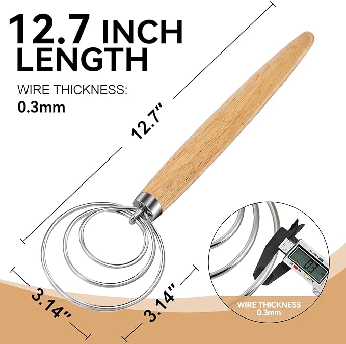 ANMIOU Danish Dough Whisk Dutch Bread Mixer Stainless Steel Hook Wooden Handle Baking Tools for Sourdough Pizza Pastry Cake Batter Making