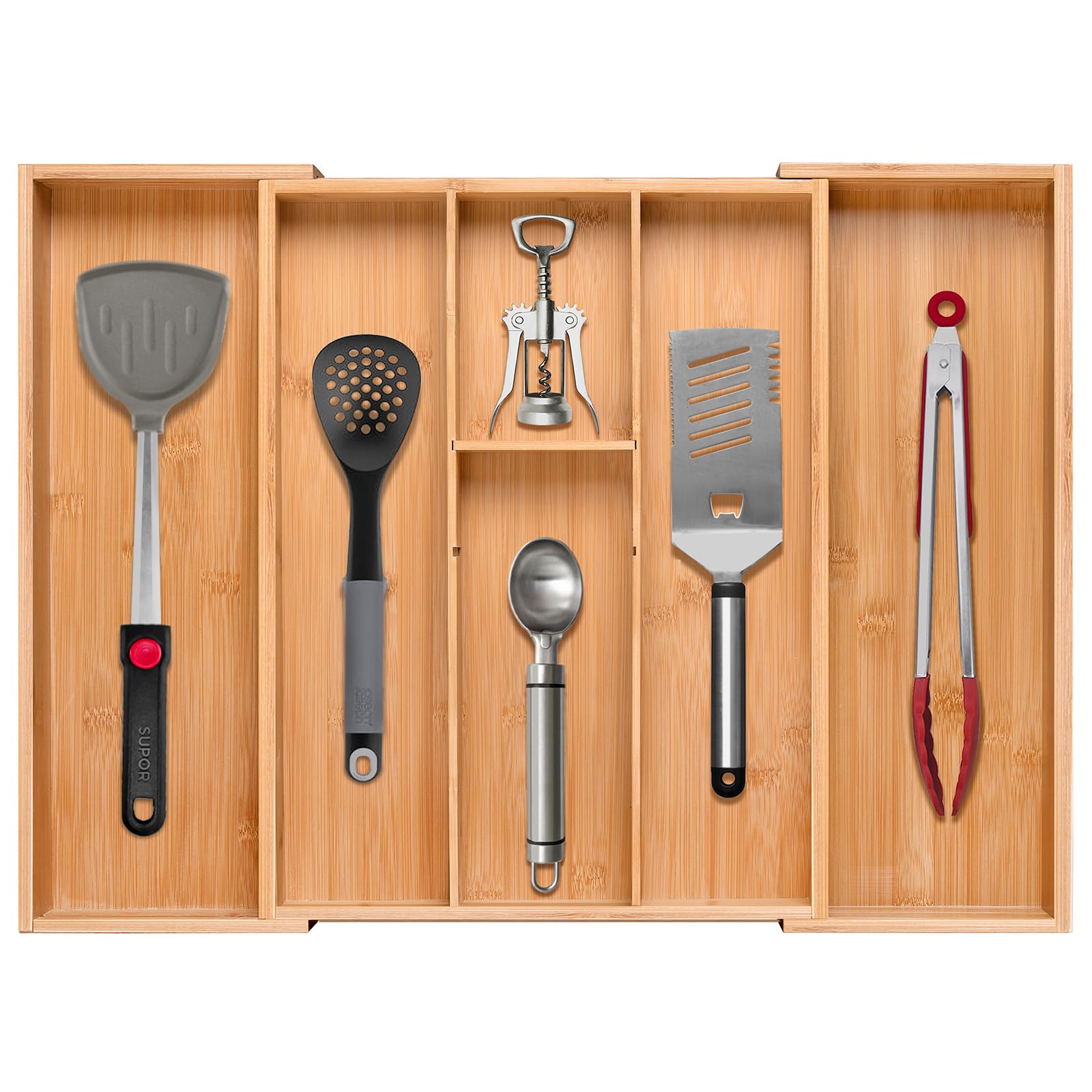 guiogc Bamboo Silverware Organizer, Expandable Kitchen Drawer Organizer and Utensil Organizer, Cutlery Tray with Drawer Dividers for Kitchen Utensils and Flatware, Bedroom, Living Room (Natural)