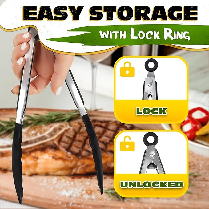 Kitchen Tongs Set of 3, 7/9/12 in, Stainless Steel (Black)