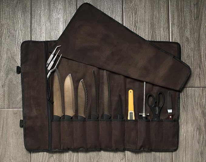 Asaya Waxed Canvas Chef Knife Roll Bag with 10 Slots and a Zipper Pocket - Professional Chef Knife Bag & Storage Case, with Shoulder Strap - Knives Not Included (Brown)
