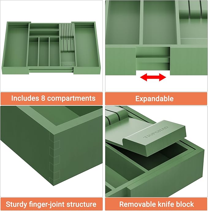 TIOPGHAD Expandable Bamboo Silverware Drawer Organizer Tray, Grayish Green
