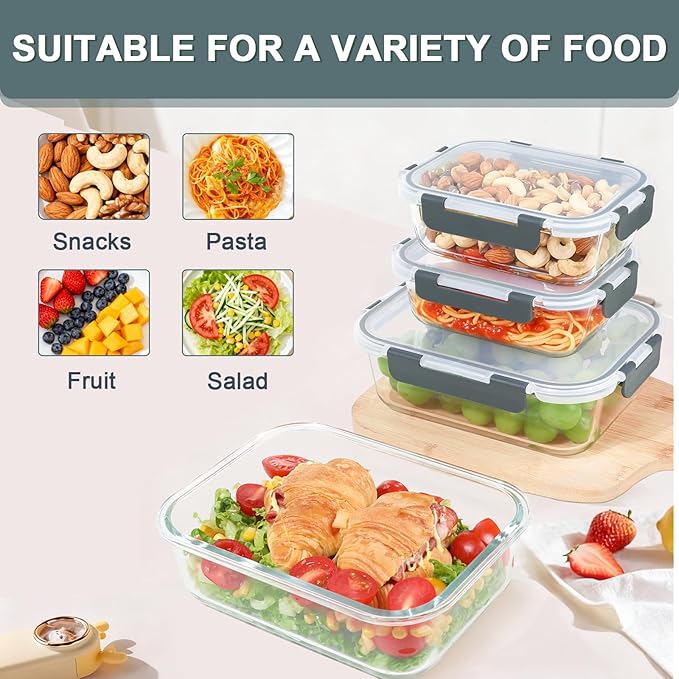 KOMUEE 4 Pack 52oz+22oz Large Glass Food Storage Containers Set with Lids