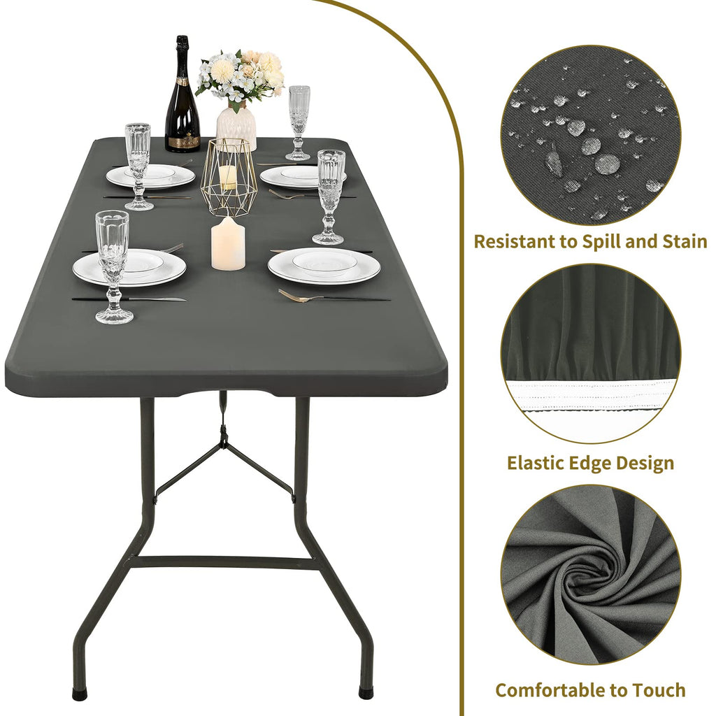 6 Pack Stretch Fabric Table Top Cap Cover, fits 8' Tables, Spandex Table Covers Washable Elastic Universal Rectangle Tablecloth Protector for Indoor Outdoor Party Picnic Wedding, Gray, 30" W x 96" L