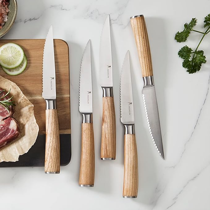 Kangdelun Ultra Sharp 15-Piece Kitchen Knife Set, High Carbon Stainless Steel Blades, Torrefied Natural Wood Handles, Ergonomic Design, Space-Saving Black-Finished Wood Block, Easy Hand Wash, Gift Box