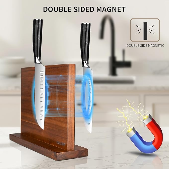 Magnetic Knife Block, Acacia Wood Kitchen Knife Holder, Multifunctional Double Side Knife Storage Organizer for Kitchen Counter ，Equipped with powerful enhanced magnets (Without knife)