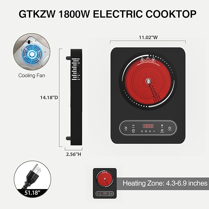 Electric Cooktop 1800W, Single Burner Portable Electric Stove 110V with LED Touch Screen 10 Power Levels, Hot Plate with Child Safety Lock, Timer and Overheat protection, Compatible with All Cookware