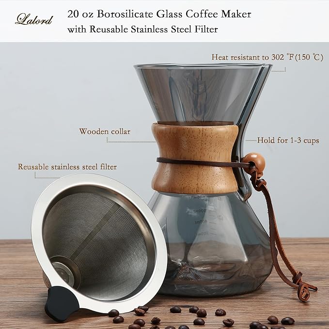 Lalord Pour Over Coffee Maker, 600ml/20oz Borosilicate Glass Carafe, Stainless Steel Filter, Wooden Collar, 3-4 Cups Serving, Gray