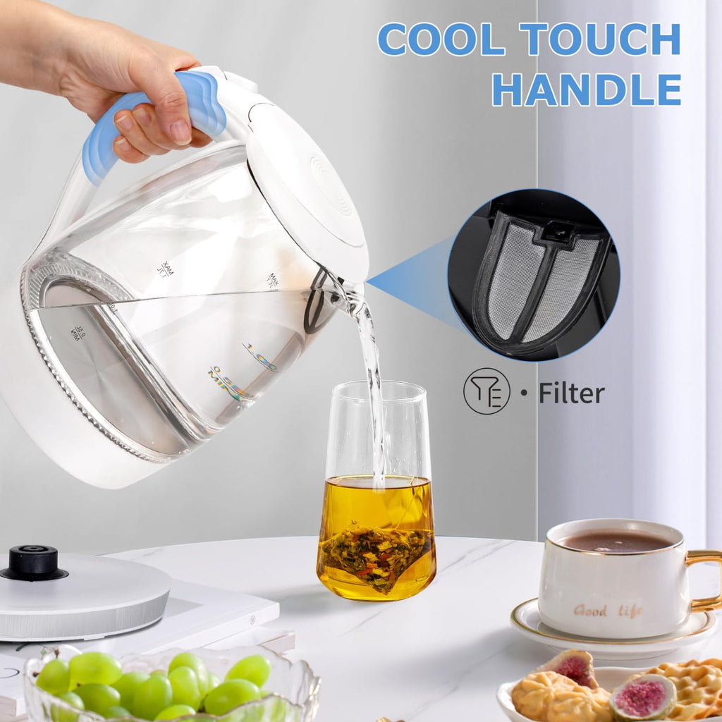 Aigostar Electric Kettle, 1500W Glass Electric Tea Kettle Rapid Heating, Borosilicate Glass, Auto Shutoff and Boil-Dry Protection, Hot Water Boiler BPA Free and Cordless with LED Indicator, 1.7 Liter