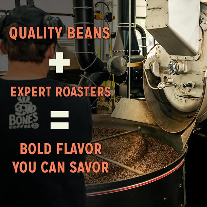 Bones Coffee Company Breakfast Blend, Chocolate, Honey and Dried Fruit Notes, Unflavored Coffee, Medium Roast Low Acid Arabica Beans Compatible with Auto drip and French Press Coffee Maker, 12 Oz Whole Bean