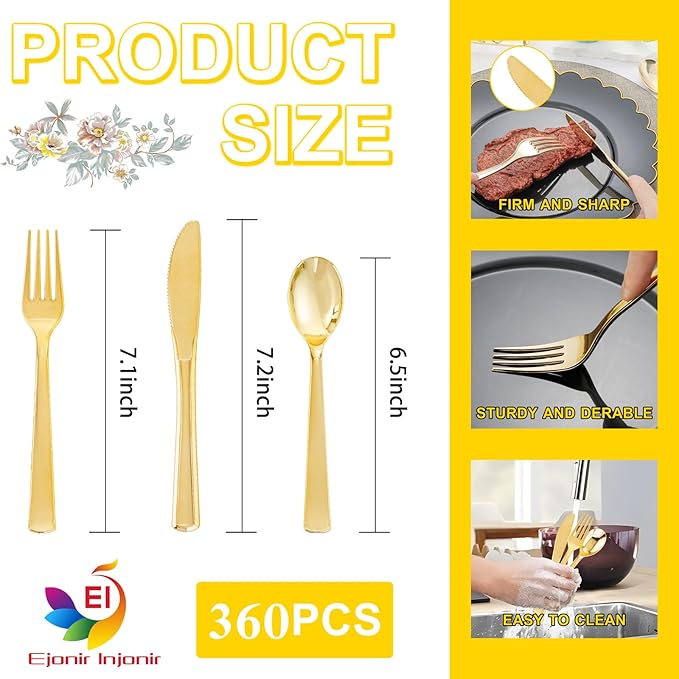 EI 360pcs Gold Plastic Silverware,Gold Silverware Disposable,Gold Forks and Spoons,Gold Plastic Cutlery include 120pcs Forks,120pcs Spoons and 120pcs Knives for Wedding,Afternoon Tea,Valentine's Day