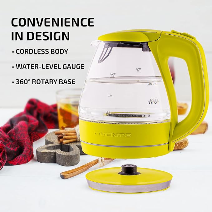 OVENTE 1.5L Glass Electric Kettle Water Boiler, Green KG83G