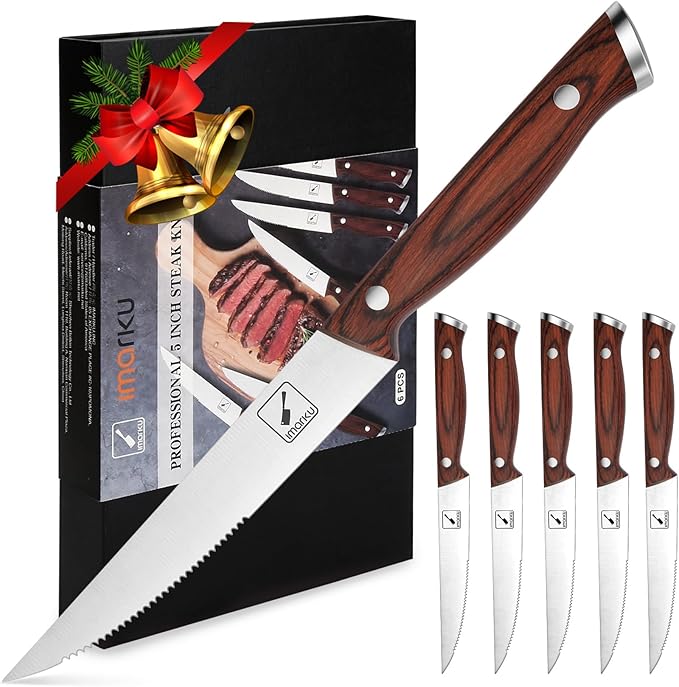 imarku Steak Knives Set of 6, Japanese HC Steel, Serrated, Gift Box