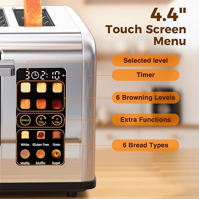 4 Slice Touch Screen Toaster with Wide Slots Stainless Steel Digital Toasters for Family Breakfast, Even Toasting for Bagel & Bread, Reheat Defrost Cancel, Removable Crumb Tray, Silver