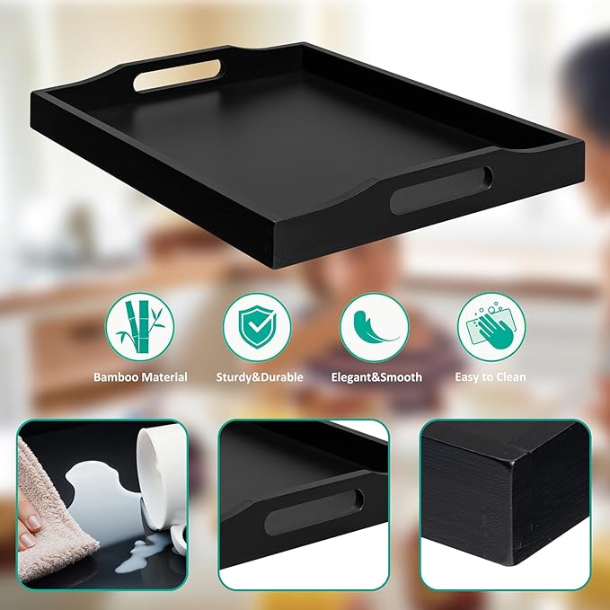 RRX Bamboo Food Serving Tray with Handles,Breakfast Bed Tray (Black)