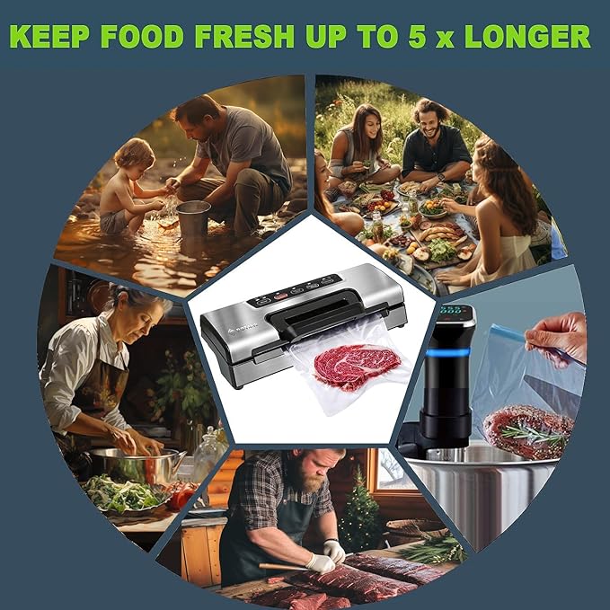 Potane Precision Vacuum Machine,Pro Food Sealer with Built-in Cutter and Bag Storage(Up to 20 Feet Length), Both Auto Manual Options,2 Modes,Includes 2 Bag Rolls 11”x16’ and 8”x16’,Compact Design