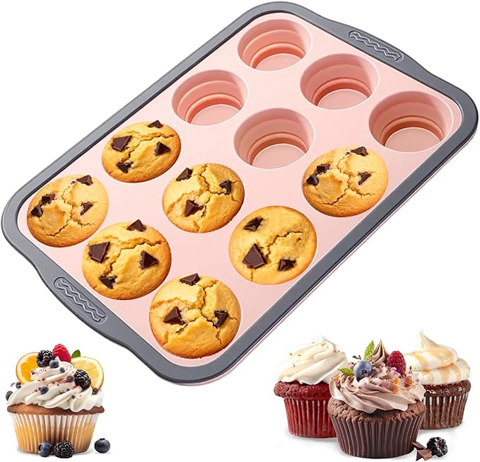 BHNJUTM 12-Cup Silicone Muffin Pan for Baking - Premium Nonstick Muffin Tin with Metal Reinforced Frame, Easy to Clean Silicone Cupcake Molds, Dishwasher & Oven Safe BPA Free (one pink)