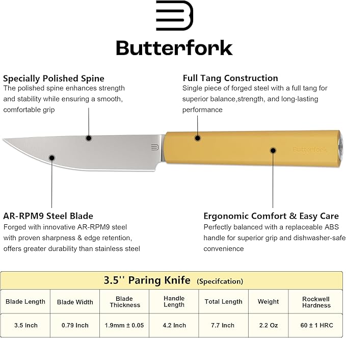 Butterfork 3.5 Inch Paring Knife, AR-RPM9 Steel Fruit Vegetable Knife with Ergonomic ABS Handle Oak Sheath, Ultra Sharp Kitchen Knife for Peeling Coring Cutting, Gift for Home Chefs