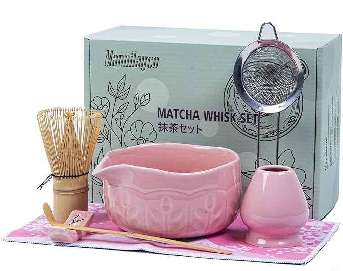 Matcha Whisk Bowl Set, 7PCS Japanese Matcha Kit with Spout Bowl (Pink) Bamboo Whisk Stand Scoop Sifter Accessories for Tea Ceremony Latte, Gifts for Family,Friends