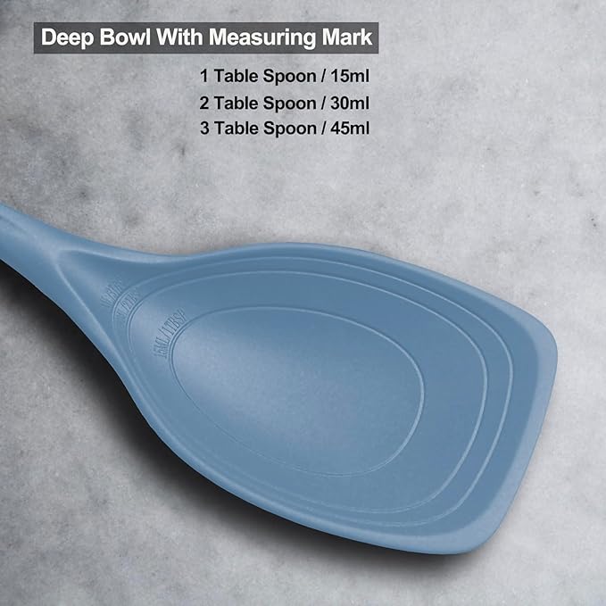 2 Pack Large Silicone Cooking Spoon, Non-Stick Slotted and Solid Spoon set with Deep Bolw- Measurement Mark for Mixing, Serving, Scooping, Scraping, Heat Resistant Kitchen Utensils, Starry Blue