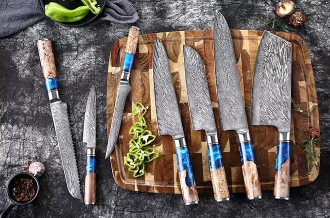 The Epicurean Cook Real Forged Damascus 8pc Japanese-Style Knife Set Blue