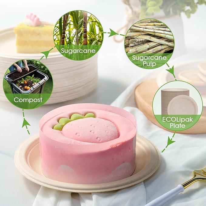 ECOLipak 6 in 200 Pack Natural Disposable Compostable Dessert Paper Plates