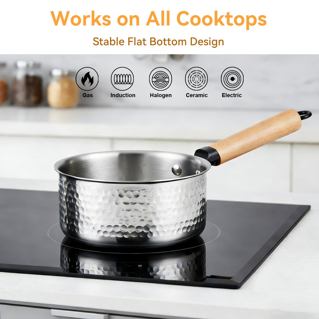 WANGYUANJI 1.8 Quart Stainless Steel Saucepan with Lid, Tri-Ply Steel Small Sauce Pan, Coating-Free Interior, Hammered Finish, Induction Compatible Soup Pot with Tempered Glass Lid & Wood Handle