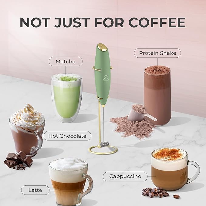 Zulay Kitchen Powerful Milk Frother Wand With Duracell Batteries - Ultra Fast Handheld Drink Mixer - Electric Whisk Foam Maker for Coffee, Lattes, Cappuccino & Matcha - Z1 Motor - Forest Gold