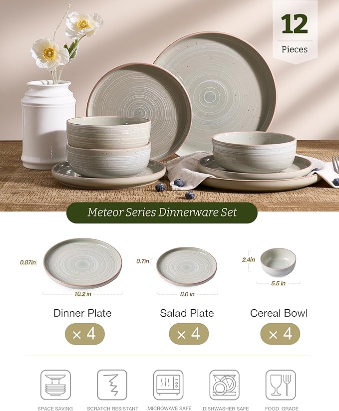 Famiware Meteor 12-Piece Stoneware Dinnerware Set, Matcha Green