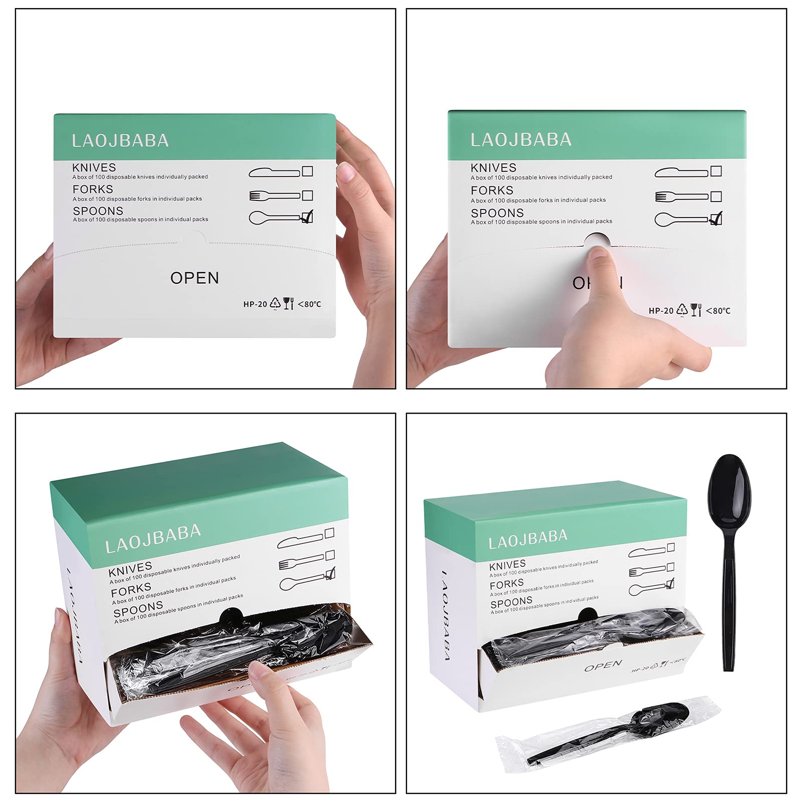 Laojbaba Plastic Spoons Disposable Individually Packaged Spoons Black 7-Inch Commercial Take Away,Super Hard Mass Heavy Individually Wrapped 100 PCS