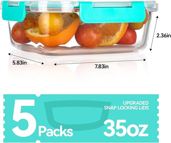 BAYZZ 5 Pack 35 Oz Glass Food Storage Containers with Lids, Green