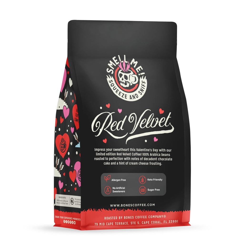 Bones Coffee Company Red Velvet, Red Velvet Cake Flavored Coffee, Medium Roast Low Acid Arabica Beans Compatible with Auto drip and French Press Coffee Maker, 12 Oz Whole Bean