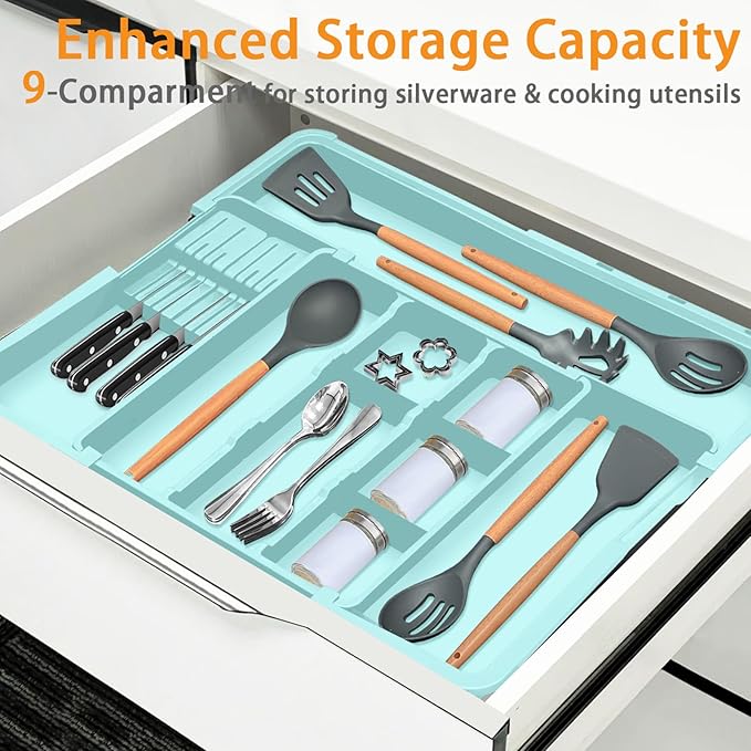 Homecor Utensil Drawer Organizer for Kitchen, Expandable Silverware Organizer Cooking Utensils Tray, Large Cutlery and Flatware Holder, Kitchen Tools & Gadgets Storage (Turquoise)