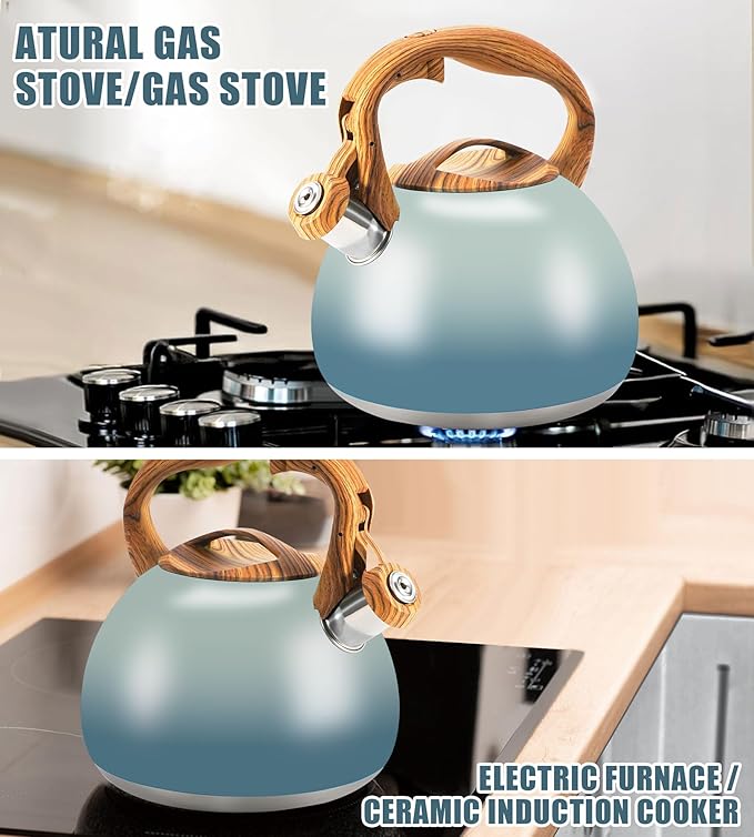 Foedo 3.2Qt Stainless Steel Whistling Tea Kettle Stovetop, Grayish Blue