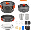 THTYBROS 17pcs Camping Cookware Kit, 0.45Gal Pot, 7inches Pan,0.30Gal Kettle Set with 2 Set Stainless Steel Cups Plates Forks Knives Spoons for Hiking,Camping,Backpacking,Outdoor Cooking and Picnic