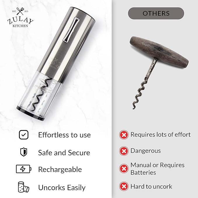 Zulay Kitchen Electric Wine Opener with Charging Base - Electric Wine Bottle Opener, Stainless Steel Wine Opener - Aerator Pourer, Foil Cutter & 2 Vacuum Stoppers - Silver