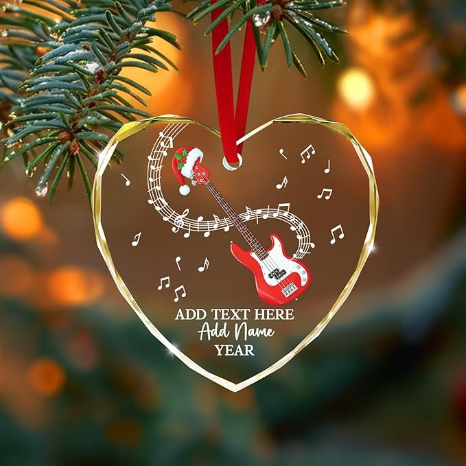 Personalized Bass Guitar Christmas Tree Glass Ornament, Bass Guitar Lovers Christmas Ornaments 2026, Custom Guitarist Xmas Ornament with Text Name & Year, Musical Instrument Players Gifts