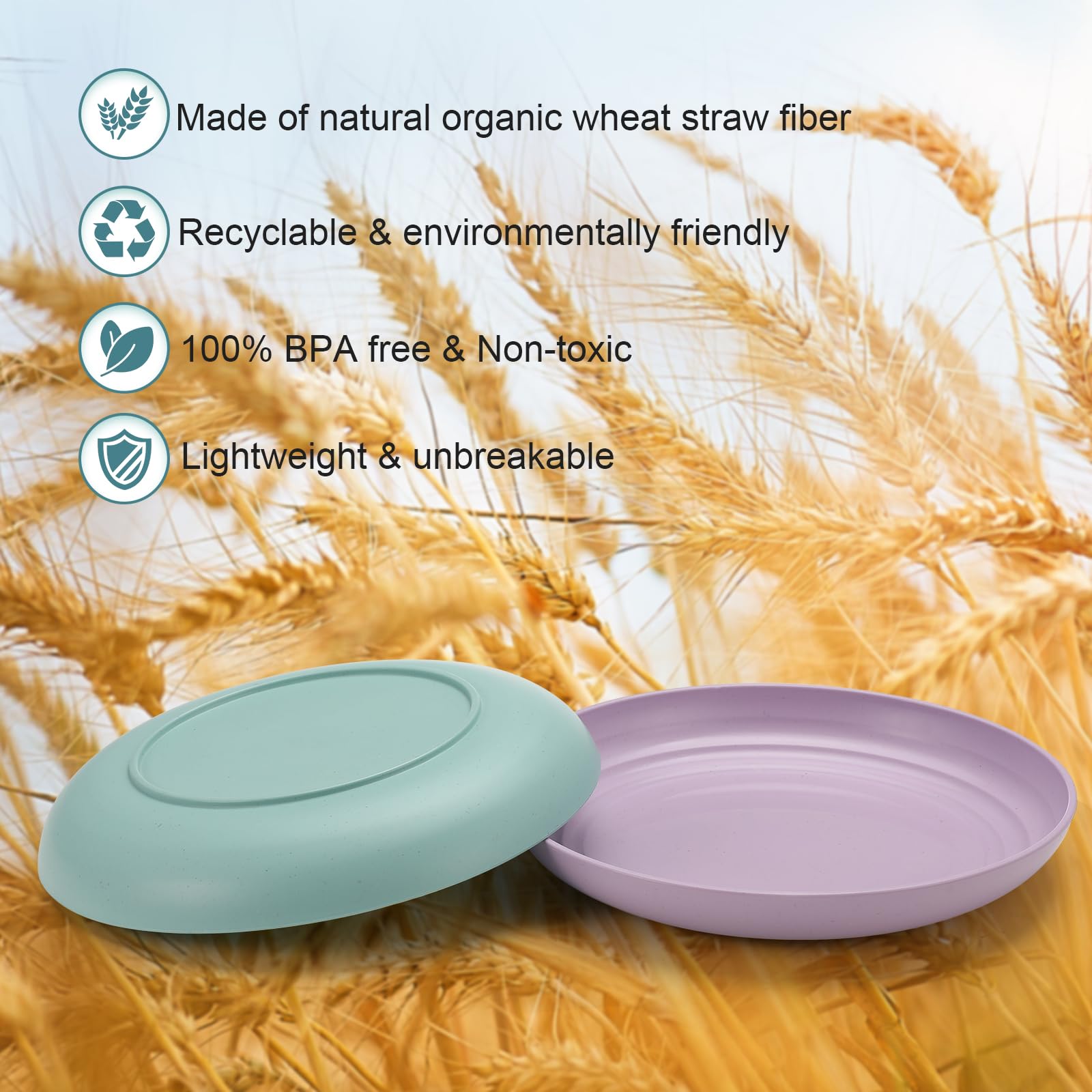 HEYCOME 12 Pcs Unbreakable Deep Dessert Plates Set, 8 inch Reusable Plastic Wheat Straw Plates, Microwave and Dishwasher Safe Plate for Kitchen, Lightweight Plate for Dessert, BPA Free, 6 Colors
