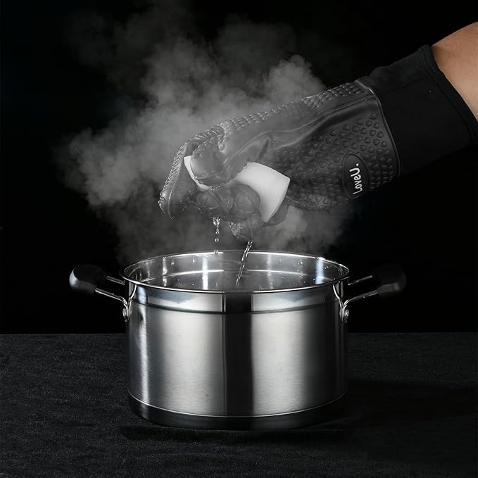 Loveuing Kitchen Oven Gloves - Dual-Layer Heat Resistant Grilling Gloves, Silicone Oven Mitts with 5 Fingers, Waterproof Non-Slip Pot Holder for Barbecue, Cooking, Baking (Small, Black Long)