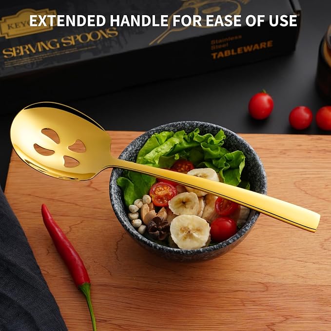 Keyoxy 4 Piece Stainless Steel Serving Spoons Set - 2 Large, 2 Slotted, 9.2-Inch, Dishwasher Safe, for Parties/Kitchen/Buffet/Catering,Gold