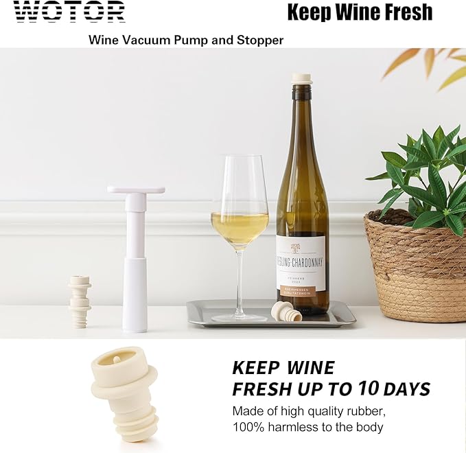 WOTOR Wine Saver Vacuum Pump with 8 Stoppers, Wine Stopper & Preserver, Reusable Bottle Sealer Keeps Fresh, Ideal Accessories Gift, Flat Handle (White)