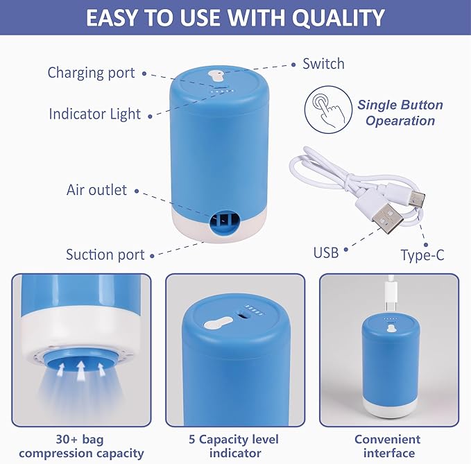 Cozy Essential Travel Vacuum Storage Bags with Rechargeable Cordless USB Pump, Space Saver Bags for Luggage, Suitcase, Carry-On, for Clothes, Blankets, Bedding & Seasonal Storage,15 Combo
