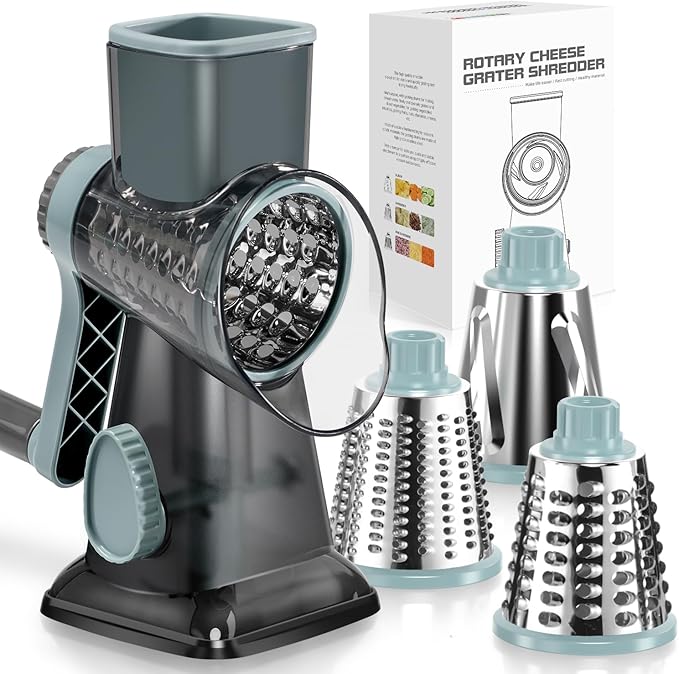 Badelite Cheese Grater Vegetable Cheese Shredder Slicer Grater for Kitchen 3 Changeable Blades for Cheese Potato Zucchini Nuts Chocolate (Grey Blue)